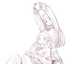  2girls arms_up breasts cellphone collared_shirt greyscale grin highres holding holding_phone kato_takuji knees_up long_hair long_sleeves medium_breasts medium_hair mole mole_under_mouth monochrome multiple_girls on_lap open_mouth original outstretched_arms own_hands_together phone sanshita_gyaru_(kato_takuji) shirt sitting small_breasts smartphone smile sweater_vest taking_picture twintails 
