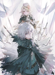  1boy 1girl absurdres armor black_coat blonde_hair coat commentary_request fur-trimmed_coat fur_trim gauntlets gem hair_between_eyes hand_on_own_chest hat highres holding holding_weapon long_hair looking_at_viewer medium_hair mura_karuki official_art original parted_lips polearm red_gem shoulder_armor smile spear sword violet_eyes weapon white_hair white_hat yellow_eyes 