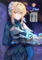  1girl absurdres avesaoi black_gloves blonde_hair blue_dress closed_mouth commentary_request cowboy_shot dress english_commentary expressionless feather_hair_ornament feathers flower fur-trimmed_gloves fur_trim genshin_impact gloves gun hair_between_eyes hair_flower hair_intakes hair_ornament highres holding holding_gun holding_weapon indoors long_sleeves looking_at_viewer lumine_(genshin_impact) lumine_(snezhnaya)_(genshin_impact) mixed-language_commentary night official_alternate_costume partial_commentary reference_inset screenshot_inset short_hair_with_long_locks snowing solo twitter_username weapon window yellow_eyes 