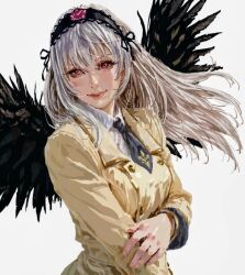  1girl alternate_costume ashford_academy_school_uniform black_hairband black_necktie black_wings buttons choppy_bangs code_geass collared_shirt commentary_request cosplay double-breasted dress_shirt feathered_wings floating_hair flower_hairband gold_trim hair_between_eyes hairband hand_on_own_arm jacket jun89190 lips long_eyelashes long_hair long_sleeves looking_at_viewer necktie painterly pixel_art red_eyes ribbon-trimmed_hairband rozen_maiden school_uniform shirt short_necktie simple_background solo suigintou tsurime upper_body white_background white_hair white_shirt wings yellow_jacket 