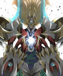  blonde_hair commentary_request cowboy_shot digimon digimon_(creature) energy_sword floating floating_hair floating_object floating_sword floating_weapon gracenovamon highres mecha robot simple_background solo sword weapon white_background ya_yay 
