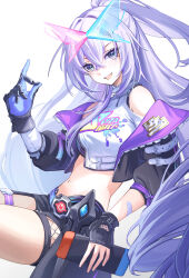  1girl absurdres asymmetrical_gloves bandaid bandaid_on_arm bare_shoulders belt black_gloves black_jacket black_shorts blue-tinted_eyewear blue_gloves breasts clothes_writing cowboy_shot crossed_bangs english_commentary eyelashes fingerless_gloves fishnets garter_belt gloves goggles goggles_on_head grey_eyes hair_between_eyes hand_up handheld_game_console high_ponytail highres holding holding_handheld_game_console honkai:_star_rail honkai_(series) jacket long_hair long_sleeves looking_at_viewer lucyqer medium_breasts midriff mismatched_gloves navel open_clothes open_jacket open_mouth pink-tinted_eyewear ponytail puffy_long_sleeves puffy_sleeves purple_hair purple_jacket short_shorts shorts sidelocks silver_wolf_(honkai:_star_rail) silver_wolf_(lv.999)_(honkai:_star_rail) simple_background sitting smile solo tank_top teeth thigh_strap tinted_eyewear turtleneck two-sided_fabric two-sided_gloves two-sided_jacket very_long_hair white_background white_belt white_tank_top 