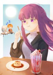  1boy 2girls absurdres closed_eyes closed_mouth commentary dessert dress earrings eating elf euphyqq fern_(sousou_no_frieren) food frieren fruit highres holding holding_spoon ice_cream jacket jewelry long_hair multiple_girls pointy_ears pudding purple_hair red_hair red_jacket short_hair sitting sleeping sousou_no_frieren spoon stark_(sousou_no_frieren) strawberry teardrop_earrings twintails violet_eyes white_dress 