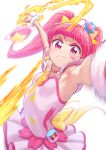  1girl :t absurdres armpits breasts choker cure_star dress earrings floating_hair frown highres itou_shin&#039;ichi jewelry long_hair looking_at_viewer motion_blur motion_lines outstretched_arms pink_choker pink_hair precure red_eyes shiny shiny_hair short_dress sleeveless sleeveless_dress small_breasts solo star_(symbol) star_choker star_twinkle_precure twintails v-shaped_eyebrows very_long_hair white_dress 