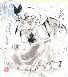  1girl absurdres ascot bat_wings blush brooch closed_mouth collared_shirt commentary english_commentary hat hat_ribbon highres holding_own_skirt jewelry looking_at_viewer mob_cap puffy_short_sleeves puffy_sleeves remilia_scarlet ribbon shikishi shirt short_sleeves skirt smile solo touhou traditional_media translation_request watermark watermark_grid wings wrist_cuffs yuzuha_(yuzutime) 
