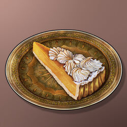  absurdres art_neverath food food_focus gradient_background highres no_humans original pie pie_slice plate procreate_(medium) pumpkin_pie purple_background whipped_cream 