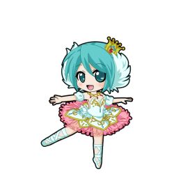  1girl :d aqua_eyes aqua_hair ballerina ballet ballet_slippers black_outline blush chibi chibi_only crown detached_sleeves dress feather_hair_ornament feathers full_body game_asset hair_ornament hatsune_miku hatsune_miku_graphy_collection jewelry looking_at_viewer mini_crown necklace open_mouth outline puffy_short_sleeves puffy_sleeves shoes short_hair short_sleeves smile solo standing standing_on_one_leg strapless strapless_dress transparent_background tutu vocaloid white_dress white_shoes 
