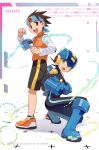  2boys :d absurdres arm_cannon artist_name battle_chip black_bodysuit black_hair black_shorts blue_footwear blue_headband blue_headwear bodysuit boots brown_eyes brown_hair commentary_request english_text green_eyes hand_on_own_arm happy headband helmet highres holding lan_hikari_(mega_man) long_sleeves looking_at_viewer male_focus mega_man_(series) mega_man_battle_network megaman.exe multiple_boys netnavi open_mouth orange_footwear orange_vest personal_terminal shirt shoes short_hair shorts smile sneakers spiky_hair squatting standing teeth tok_nuts upper_teeth vest watermark weapon white_background white_shirt 