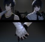  2boys bandaged_hand bandages bishounen black_gloves black_hair black_necktie blue_eyes commentary_request gloves highres holding_hands jewelry looking_at_viewer makura_wet multiple_boys necklace necktie open_mouth original short_hair sleeve_cuffs upper_body yellow_eyes 