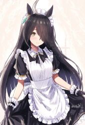  1girl ahoge animal_ears apron black_bow black_dress black_gloves black_hair blush bow closed_mouth commentary_request dress ear_tag earrings frilled_wrist_cuffs frills gloves hair_between_eyes highres horse_ears horse_girl jewelry long_bangs long_hair long_hair_between_eyes looking_at_viewer maid maid_apron maid_headdress manhattan_cafe_(umamusume) multicolored_hair short_sleeves single_earring smile solo umamusume very_long_hair white_apron white_hair white_headdress wrist_cuffs ya-ya yellow_eyes 