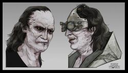  1boy adam666phoenix black_hair black_sclera colored_sclera colored_skin colored_teeth cracked_skin goggles grey_skin grin hair_slicked_back highres male_focus multiple_views portrait resident_evil resident_evil_requiem smile smirk victor_gideon yellow_eyes yellow_teeth 