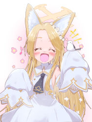  +++ 1girl :d ^_^ absurdres animal_ear_fluff animal_ears bare_shoulders bird bird_on_hand blonde_hair blue_archive blush buttons closed_eyes commentary_request cross_halo detached_sleeves double-breasted dress extra_ears eyebrows_hidden_by_hair facing_viewer flower_wreath forehead fox_ears fox_girl halo hands_up happy head_wreath highres long_hair musical_note open_mouth parted_bangs seia_(blue_archive) sidelocks simple_background sleeveless sleeveless_dress sleeves_past_fingers sleeves_past_wrists smile solo straight_hair tomonx very_long_hair white_background white_dress wide_sleeves yellow_halo 