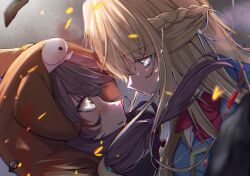  2girls asakura_karen_(heaven_burns_red) black_hair blonde_hair blood blood_splatter bow bowtie braid close-up commentary_request green_eyes heaven_burns_red highres long_hair looking_at_another multiple_girls red_bow red_bowtie ribbon ribbon_hair tears toujou_tsukasa tsuki_mi925 white_ribbon yellow_eyes yuri 