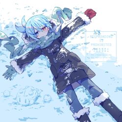  1boy alternate_costume bag black_boots black_coat blue_eyes blue_gloves blue_hair blue_pants blue_scarf blush boots bug coat commentary_request duffel_bag fur-trimmed_boots fur-trimmed_hood fur-trimmed_jacket fur_trim futaba969649 gloves hair_between_eyes heterochromia highres hood hood_up hooded_coat jacket knee_boots ladybug long_sleeves magic_arm male_focus on_ground pants puyopuyo red_eyes scarf short_hair sig_(puyopuyo) single_glove snow_animal snow_on_clothes solo sparkle 