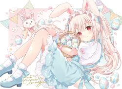 1girl animal_ears ankle_socks aqua_belt aqua_bow aqua_dress aqua_flower aqua_ribbon aqua_shoes artist_name back_bow basket belt blonde_hair border bow closed_mouth commentary dress easter easter_egg egg flower frilled_dress frills from_side hair_flower hair_ornament hair_ribbon happy_easter holding holding_basket knees_up long_hair mary_janes maya_(tirolpop) original pennant petals petticoat pinafore_dress pink_petals pink_ribbon puffy_short_sleeves puffy_sleeves rabbit_ears rabbit_girl rabbit_tail red_eyes ribbon shirt shoes short_dress short_sleeves sidelocks signature sitting sleeve_ribbon sleeveless sleeveless_dress smile socks solo tail twintails untranslatable_commentary white_border white_flower white_headdress white_shirt white_socks wristband 