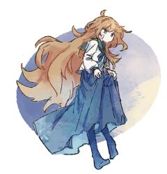  1girl alternate_hair_length_(longer) bandaid bandaid_on_cheek bandaid_on_face blue_neckerchief blue_pantyhose blue_sailor_collar blue_skirt brown_eyes brown_hair commentary_request full_body hair_between_eyes highres holding_own_skirt kantai_collection kpgametarou long_hair long_skirt long_sleeves neckerchief no_shoes oboro_(kancolle) pantyhose sailor_collar school_uniform serafuku simple_background skirt solo very_long_hair 