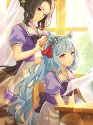  2girls absurdres animal_ears black_hair blue_eyes blue_hair blush bow bowtie braid breasts brushing_another's_hair brushing_hair chair classroom closed_mouth comb crown_braid curtains desk ear_ornament game_asset hair_bun highres holding holding_comb horse_ears horse_girl horse_tail large_breasts long_hair medium_breasts mejiro_ardan_(umamusume) mejiro_ramonu_(umamusume) mole mole_under_eye multicolored_hair multiple_girls official_art on_chair pleated_skirt puffy_short_sleeves puffy_sleeves purple_bow purple_bowtie purple_shirt sailor_collar sailor_shirt school_desk school_uniform shirt short_sleeves sitting skirt smile streaked_hair tail third-party_source tracen_school_uniform umamusume violet_eyes white_hair white_sailor_collar white_skirt window 