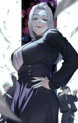  1girl 2boys banknote belt belt_buckle black_dress black_hair black_jacket black_pants breasts buckle buttons commentary_request dollar_bill double-breasted dress geto_suguru gojo_satoru hair_bun highres jacket jujutsu_kaisen large_breasts long_hair looking_at_viewer medium_hair mei_mei_(jujutsu_kaisen) money multiple_boys necktie pants parted_bangs pink_lips ponytail short_hair suit suit_jacket suit_pants user_atst4853 white_hair white_necktie 
