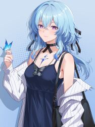  1girl absurdres bag bare_shoulders black_bag blue_butterfly blue_dress blue_hair blue_nails blush breasts bug butterfly butterfly_on_hand chinese_commentary closed_mouth commentary_request dress hair_between_eyes highres long_hair looking_at_viewer medium_breasts nail_polish off_shoulder official_alternate_costume open_clothes open_shirt shirt shorekeeper_(wuthering_waves) shoulder_bag smile solo upper_body violet_eyes white_shirt wuthering_waves xiongji_z_z 