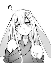  1girl ? animal_ears bare_shoulders cho_kaguya-hime! commentary crescent crescent_hair_ornament greyscale hair_ornament kaguya_(cho_kaguya-hime!) keu_sekihaku long_hair looking_at_viewer lop_rabbit_ears monochrome rabbit_ears simple_background solo untranslatable_commentary upper_body white_background 