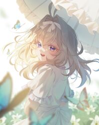 1girl absurdres antenna_hair blonde_hair blurry blurry_background blurry_foreground bug butterfly commentary depth_of_field dress flower flower_bush hair_intakes highres lell lily_(flower) long_hair meitantei_precure! moria_luluka parasol precure smile solo umbrella upper_body violet_eyes white_dress 