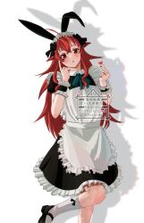  animal_ears apron black_bow blue_bow bow commentary_request eris_greyrat fake_animal_ears finger_heart fuzuta6 highres long_hair looking_at_viewer maid maid_headdress mary_janes mushoku_tensei rabbit_ears red_eyes red_hair shadow shoes socks solo white_apron white_background white_socks white_wrist_cuffs wrist_cuffs 