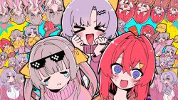  >_< 3girls :3 :d =_= @_@ ange_katrina aqua_background blunt_bangs blush_stickers bow brown_jacket closed_mouth commentary_request drill_hair eyewear_on_head fang fang_out grey_hair hair_between_eyes hair_bow hair_intakes hair_ornament hairpin highres hyakumantenbara_salome jacket makaino_ririmu medium_hair multicolored_hair multiple_girls multiple_hairpins multiple_views nervous_sweating nijisanji official_art open_mouth parted_bangs people_hitobito pink_hair pink_jacket pixel_sunglasses pointy_ears pom_pom_(cheerleading) purple_hair purple_jacket red_hair second-party_source smile star_(symbol) streaked_hair sweat tearing_up telepathy_(vocaloid) track_jacket triangle_hair_ornament twintails two-tone_hair v-shaped_eyebrows violet_eyes virtual_youtuber yellow_background yellow_bow youtube_video_thumbnail 