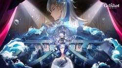  1boy 1girl absurdres ahoge ascot asymmetrical_gloves black_ascot black_gloves blue_ascot blue_eyes blue_gem blue_hair blue_hat blue_jacket bow brooch closed_mouth coat cowlick drop-shaped_pupils furina_(genshin_impact) gem genshin_impact gloves hair_between_eyes hair_ornament hat heterochromia highres jacket jewelry long_hair long_sleeves looking_at_viewer mismatched_gloves mismatched_pupils multicolored_hair neuvillette_(genshin_impact) official_art pointy_ears protected_link second-party_source shorts streaked_hair symbol-shaped_pupils top_hat very_long_hair white_ascot white_gloves white_hair white_shorts white_trim 
