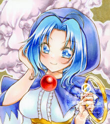  1boy 1girl antenna_hair blue_capelet blue_eyes blue_hair blue_hood blush breasts capelet chakram closed_mouth commentary dress hair_intakes highres holding holding_chakram holding_weapon hood hood_up kumoi_ichirin large_breasts looking_at_viewer medium_hair nekofish666 smile touhou traditional_media unzan watermark weapon white_dress 