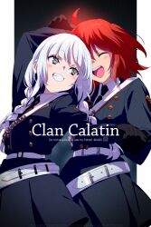  2girls ahoge belt black_eyes black_gloves black_jacket black_skirt blush braid breasts buttons closed_eyes collared_shirt colored_inner_hair commentary_request double-breasted echo_(circa) fate/grand_order fate_(series) francesca_prelati_(fate) francesca_prelati_(second_ascension)_(fate) fujimaru_ritsuka_(female) fujimaru_ritsuka_(female)_(clan_calatin) gloves grey_hair grin jacket long_hair long_sleeves medium_breasts multicolored_hair multiple_girls open_mouth orange_eyes orange_hair parted_bangs ringed_eyes shirt short_hair skirt smile twin_braids white_hair white_shirt 