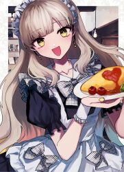  1girl apron black_dress blonde_hair bow cafe checkered_bow checkered_clothes cherry_tomato collarbone danjou_sora dress enmaided food frilled_dress frilled_hairband frilled_wrist_cuffs frills hairband heart highres holding ketchup long_hair looking_at_viewer maid mayu_(vocaloid) omelet omurice open_mouth puffy_sleeves smile solo tomato very_long_hair vocaloid white_apron wireless_earphones wrist_cuffs yellow_eyes yellow_nails 