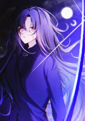  0o_h2so4_xx 1girl black_shirt blood blood_on_face chromatic_aberration collared_shirt crescent_moon full_moon glint highres holding holding_sword holding_weapon jacket limbus_company long_hair long_sleeves looking_at_viewer moon necktie night ootachi outdoors parted_bangs parted_lips pinky_(identity)_(project_moon) project_moon purple_jacket purple_necktie red_eyes ryoshu_(project_moon) shirt solo suit_jacket sword upper_body very_long_hair weapon 