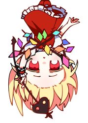  1girl ascot blonde_hair chibi chibi_only collared_shirt commentary_request crystal crystal_wings flandre_scarlet frilled_shirt_collar frilled_skirt frilled_wrist_cuffs frills highres holding holding_weapon illust_atelier3 laevatein_(touhou) mary_janes missing_headwear multicolored_wings one-hour_drawing_challenge red_eyes red_shoes red_skirt red_vest red_wrist_cuffs shirt shoes simple_background skirt skirt_set solo touhou upside-down vest weapon white_background white_shirt wings wrist_cuffs yellow_ascot 