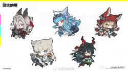  1boy 4girls arknights arknights:_endfield blue_hair blunt_bangs bodysuit chibi chibi_only chinese_commentary commentary_request copyright_logo copyright_notice demon_girl demon_horns heiwei_she_xiong highres horns last_rite_(arknights) logo long_hair long_sidelocks multiple_girls official_art pointy_ears red_eyes sidelocks 