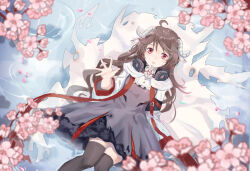  1girl absurdres ahoge animal_ears arknights black_thighhighs blurry blurry_foreground brown_hair burnt_clothes cherry_blossoms commentary_request dress eyjafjalla_(arknights) feet_out_of_frame flower grey_dress headphones highres horns long_hair long_sleeves looking_at_viewer lying lying_on_water mask mask_around_neck oisy on_back open_mouth parted_lips petals pink_flower red_eyes respirator ripples sheep_ears sheep_girl sheep_horns solo thigh-highs torn_clothes torn_coat torn_dress very_long_hair water 