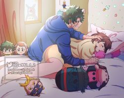  1girl 2boys all_might among_us bed blue_hoodie boku_no_hero_academia character_doll closed_eyes commentary cosplay crewmate_(among_us) curtains doll hand_in_another's_hair hetero highres hood hoodie lying midoriya_izuku mittens mu_1_2 multiple_boys on_side pajamas pink_mittens scar scar_on_cheek scar_on_face scar_on_hand sleeping smile todoroki_shoto tonari_no_totoro totoro totoro_(cosplay) twitter_username uraraka_ochaco watermark window yellow_pajamas 