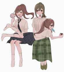  3girls alstroemeria_(flower) black_skirt blush brown_hair closed_eyes commentary_request electric_fan floating_hair food green_skirt hand_fan hand_on_another's_head highres holding holding_fan idolmaster idolmaster_shiny_colors kinokonoko654 kuwayama_chiyuki lying matching_hairstyle mouth_hold multiple_girls on_stomach osaki_amana osaki_tenka plaid_clothes plaid_skirt playing_games ponytail popsicle school_uniform shirt simple_background sitting skirt smile socks white_background white_shirt white_socks 