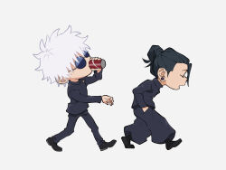  2boys black_hair black_jacket black_pants black_shoes can closed_eyes commentary_request drink_can drinking earrings from_side geto_suguru gojo_satoru hair_bun hands_in_pockets high_collar highres jacket jewelry jujutsu_kaisen leaning_forward male_focus medium_hair multiple_boys pants school_uniform shoes short_hair simple_background soda_can usaginu walking white_background white_hair 