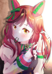  1girl alternate_hairstyle animal_ears black_dress blush bow bowtie brown_eyes brown_hair closed_mouth commentary_request diagonal-striped_bow dress ear_bow ear_covers ear_ribbon green_bow green_bowtie hair_tie_in_mouth horse_ears horse_girl juliet_sleeves long_hair long_sleeves medium_hair mouth_hold multicolored_hair nice_nature_(poinsettia_ribbon)_(umamusume) nice_nature_(umamusume) pinafore_dress puffy_sleeves sleeveless sleeveless_dress solo streaked_hair striped_bow striped_bowtie striped_clothes tying_hair umamusume yoshiharu_izumi 