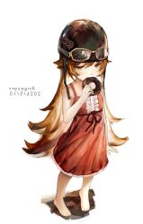  1girl absurdres artist_name bakemonogatari barefoot blonde_hair chocolate_donut commentary dated doughnut dress eating flipped_hair food full_body goggles goggles_on_headwear helmet highres holding holding_donut holding_food light_blush long_hair mirrored_text monogatari_(series) oshino_shinobu red_dress shangzi_(wangmoran) simple_background solo standing very_long_hair white_background yellow_eyes 