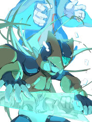  2boys absurdres armor black_eyes blue_robe commentary_request cowboy_shot cyber_elf_x_(mega_man) energy_sword forehead_jewel glowing helmet highres holding holding_sword holding_weapon male_focus mega_man_(series) mega_man_x_(series) mega_man_zero_(series) multiple_boys omochi_(mochi_skymega) red_armor red_helmet robe simple_background solo_focus sword weapon white_background x_(mega_man) z_saber zero(z)_(mega_man) zero_(mega_man) 