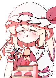  1girl :q ascot blonde_hair blush cake cake_slice closed_eyes collared_shirt commentary_request crystal crystal_wings eating flandre_scarlet food food_on_face frilled_shirt_collar frilled_wrist_cuffs frills hat hat_ribbon highres illust_atelier3 long_hair mob_cap multicolored_wings one-hour_drawing_challenge one_side_up pointy_ears puffy_short_sleeves puffy_sleeves red_vest red_wrist_cuffs ribbon shirt short_sleeves solo strawberry_shortcake tongue tongue_out touhou vest white_hat white_shirt wings wrist_cuffs yellow_ascot 