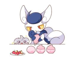  1girl :< :o blue_fur cherry closed_mouth colored_sclera espurr fangs food fruit furry furry_female kurumi_dangoo looking_at_another looking_at_object meowstic meowstic_(female) multiple_tails neck_fur open_mouth orange_(fruit) orange_slice pastry_bag poke_puff pokemon pokemon_(creature) red_eyes simple_background standing tail two-tone_fur two_tails upper_body white_background white_fur yellow_sclera 