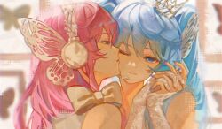 2girls blue_eyes blue_hair blue_nails bow butterfly_wings commentary english_commentary hatsune_miku headphones insect_wings kiss kissing_cheek long_hair magnet_(vocaloid) megurine_luka multiple_girls one_eye_closed pink_hair soybee_102 twintails vocaloid white_bow white_wings wings 