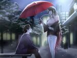  1boy 1girl black_hair black_pants blue_jacket blurry blurry_background brown_eyes cyril_corvan eye_contact fate/empire_of_dirt game_cg gradient_hair grin holding holding_umbrella jacket long_hair long_sleeves looking_at_another multicolored_hair night outdoors pants pink_hair profile red_umbrella sesshouin_kiara short_hair sitting smile snowing standing sweater tsuki_tokage umbrella very_long_hair white_pants white_sweater winter 