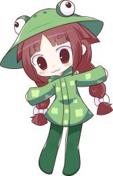  1girl 39chan :3 blush_stickers boots bow braid brown_hair buttons closed_mouth coat drawfag frog_hat full_body green_boots green_coat green_hat hair_bow hat highres hood hood_down hooded_coat looking_at_viewer outstretched_arms red_eyes sidelocks solo spread_arms standing suiren_(utau) thigh_boots transparent_background twin_braids utau white_bow 