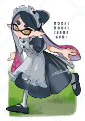  1girl absurdres apron black_dress black_hair black_shoes border bow-shaped_hair callie_(splatoon) closed_mouth commentary_request dress eyelashes gradient_hair highres inkling long_hair maid maid_apron maid_day maid_headdress multicolored_hair outside_border pink_hair pointy_ears puffy_short_sleeves puffy_sleeves raikado running shoes short_eyebrows short_sleeves signature smile solo splatoon_(series) tentacle_hair thick_eyebrows two-tone_hair very_long_hair watermark watermark_grid white_apron white_border 