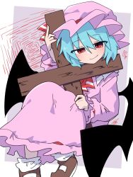  1girl ascot bat_wings blue_hair brown_shoes closed_mouth commentary_request cross dress hat highres holding holding_cross long_sleeves looking_at_viewer mary_janes medium_hair mob_cap photo-referenced pink_dress pink_hat red_ascot red_eyes remilia_scarlet shoes smile socks soesoe300 solo touhou white_socks wings 