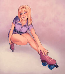  belt blonde_hair blunt_bangs blush collarbone dress eyeshadow full_body full_face_makeup grin highres i_like_to_watch lavender-bloom-m lips lipstick long_eyelashes makeup one_eye_closed pink_eyeshadow purple_eyeshadow real_life roller_skates rouge_(makeup) skates smile solo trixie_mattel 