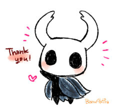  1other arm_up bano_akira black_skin cloak colored_skin commentary_request grey_cloak heart hollow_eyes hollow_knight horned_mask knight_(hollow_knight) lowres mask notice_lines solo thank_you waving white_mask 